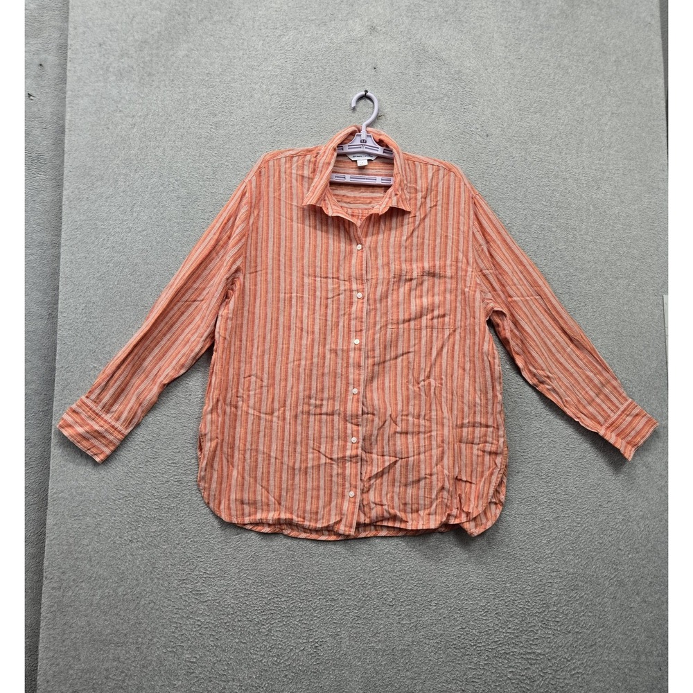 Old Navy Women Button Up Shirt L Orange Striped The Boyfriend Long Sleeve NWT